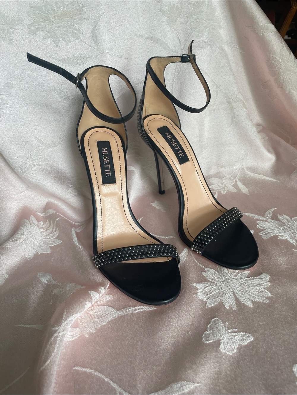 Musette Black Studded Ankle-Strap Stiletto Heels